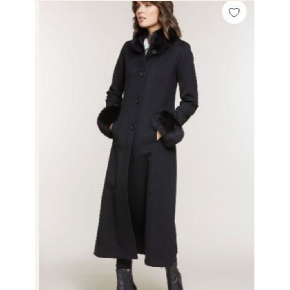 Forecaster Of Boston Women's Black Lambswool Long Coat With Fur Trim Size 6 235 - Picture 2 of 16
